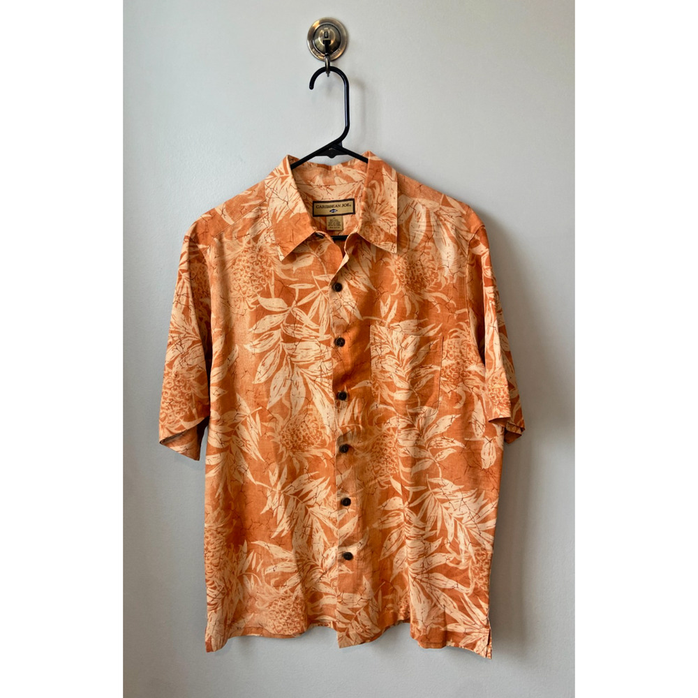 Vintage Men's Caribbean Joe Orange Silk Hawaiian Shirt, Medium